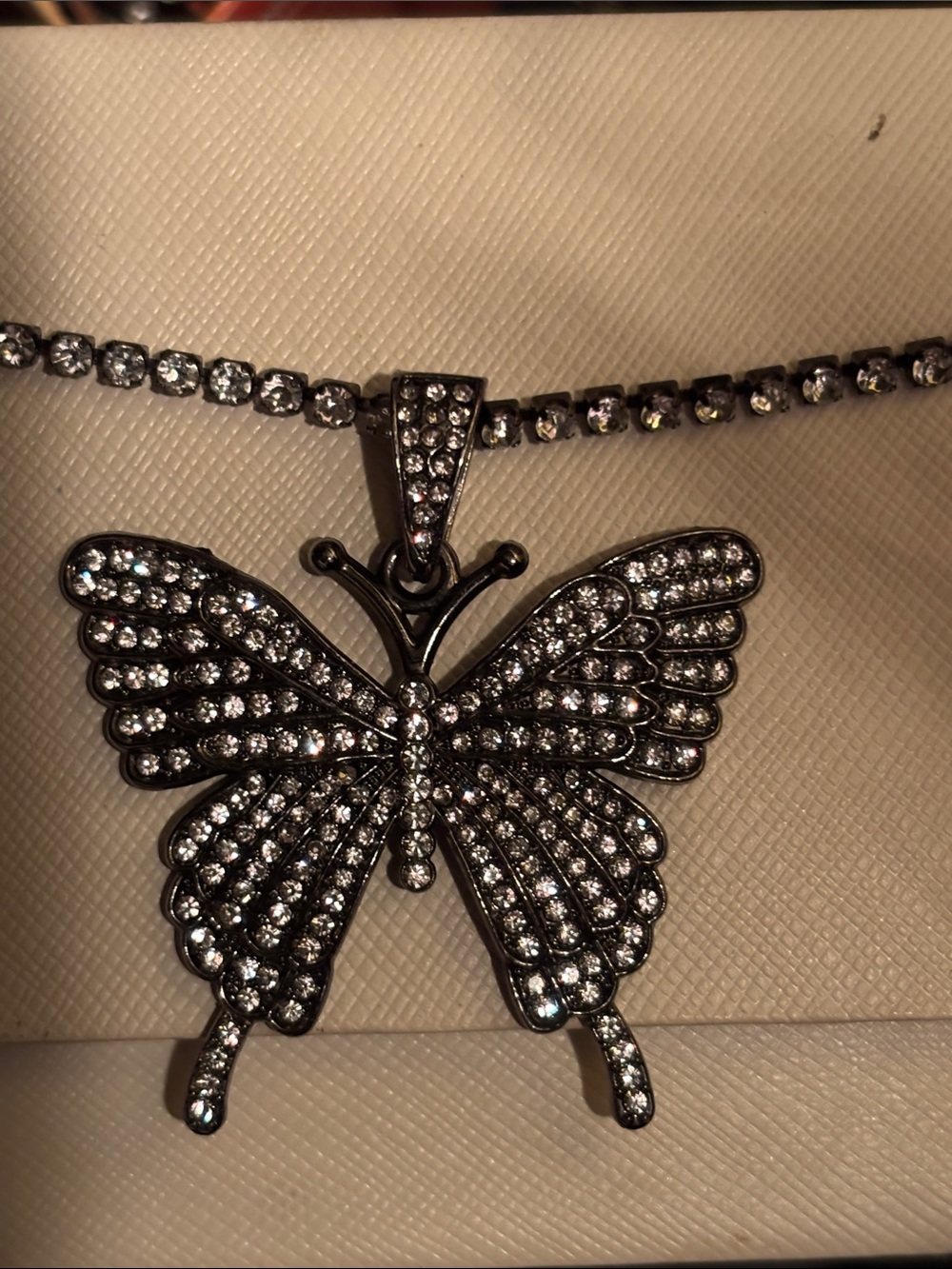 Rhinestone Butterfly Pendant Necklace - Silver Tone